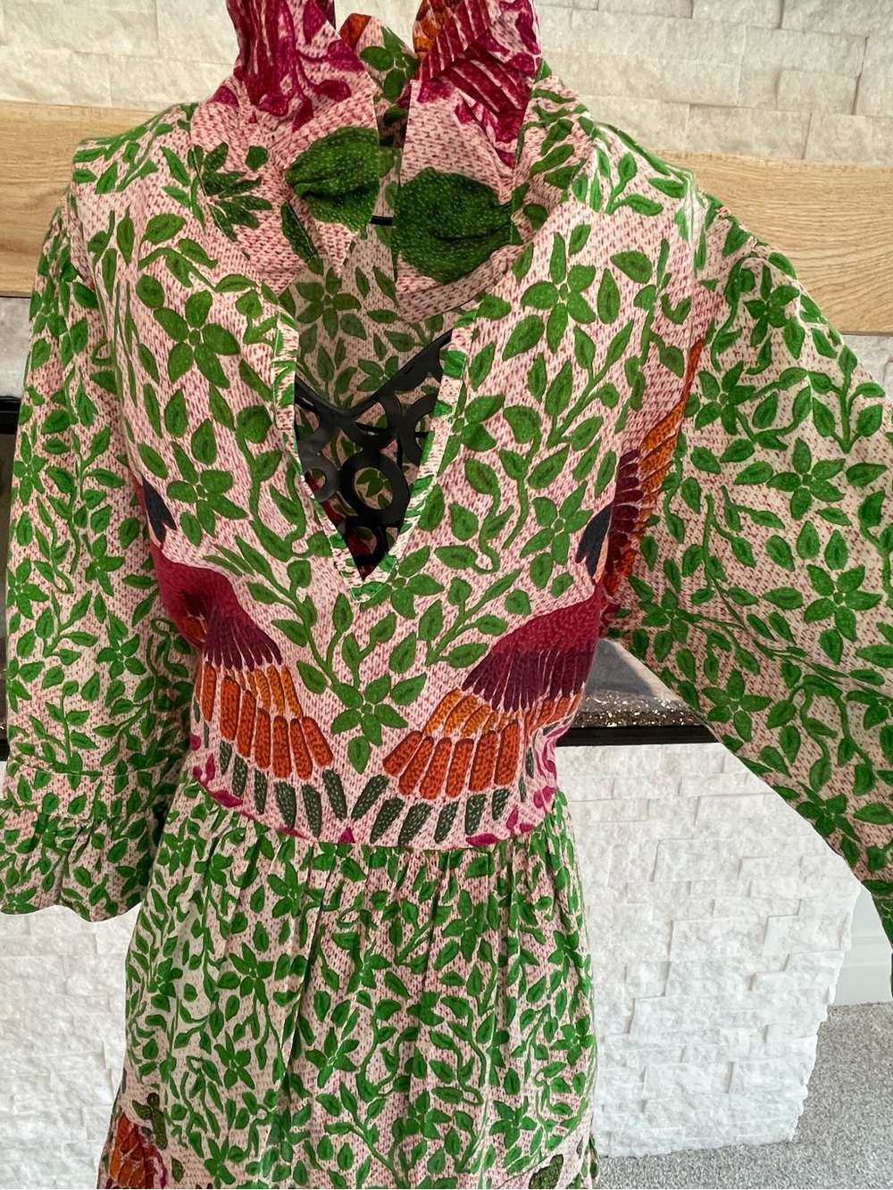Floral Green & Pink V-Neck Maxi Dress with Bird Detail